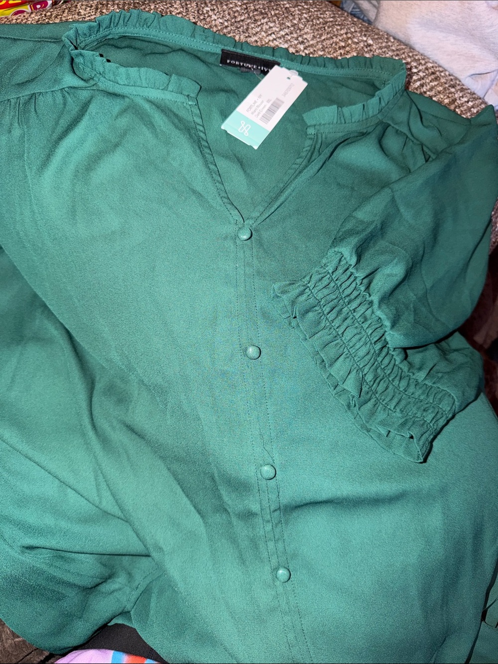 NWT Fortune + Ivy Miami Blouse XXL Dark Green Ruffle Puff Sleeve Top